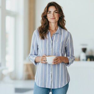 H&M Divided Cotton Striped Button Up Shirt Womens Sz 8 Blue & White #201K